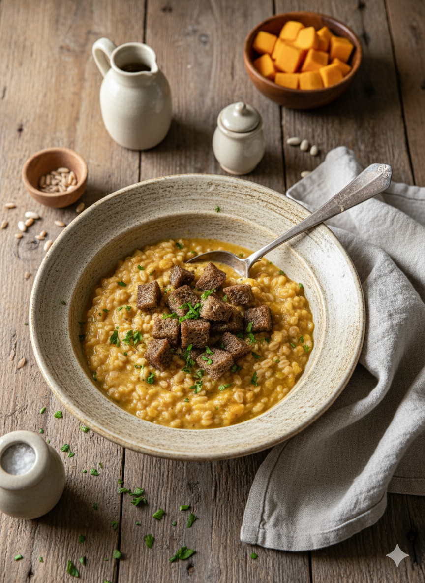 zuppa di zucca, carote, farro e fagioli cannellini